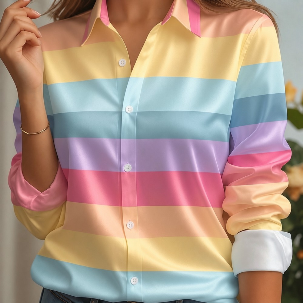 Women Fashion Images - Women Satin Lapel Collar Shirt Pastel