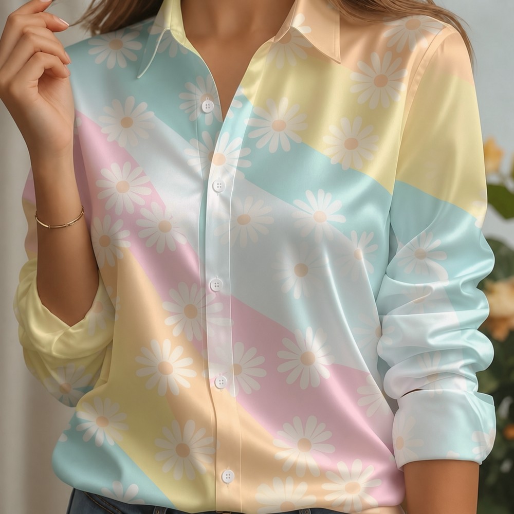 Women Satin Lapel Collar Shirt - Women Fashion Images 评论和价格